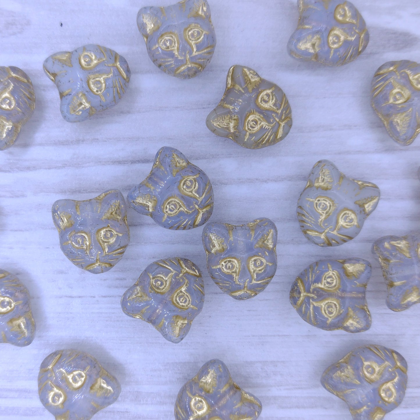 2 x 13mm Cat head beads in Light Grey Opal with Gold