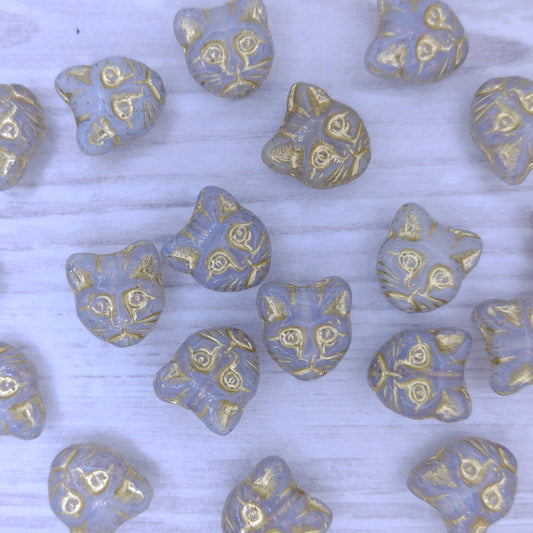 2 x 13mm Cat head beads in Light Grey Opal with Gold