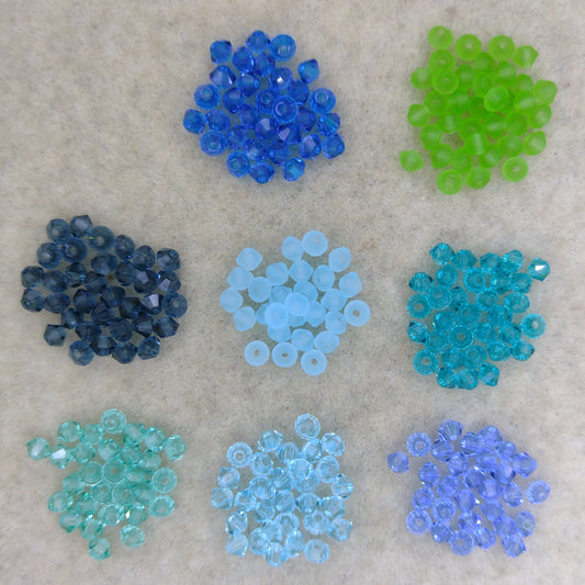 200 x 3mm bicone mix in Blues and Greens for Jean Power's Winter 2025 Beadalong