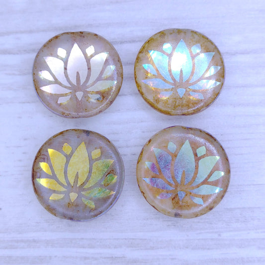 4 x 17mm disc beads in Crystal Picasso with laser etched Water Lily