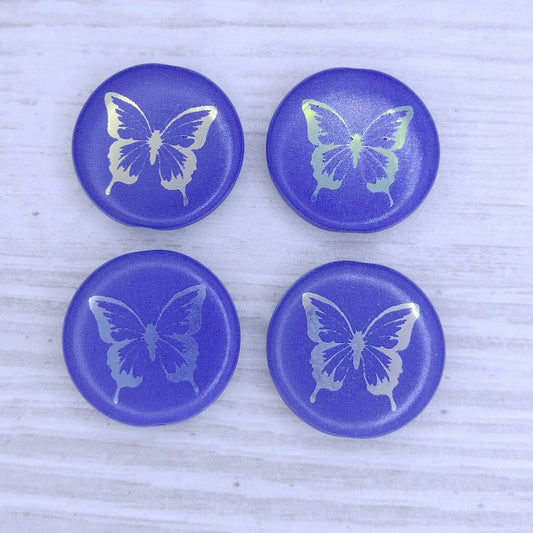 4 x 17mm disc beads in Dark Blue with laser etched Butterfly