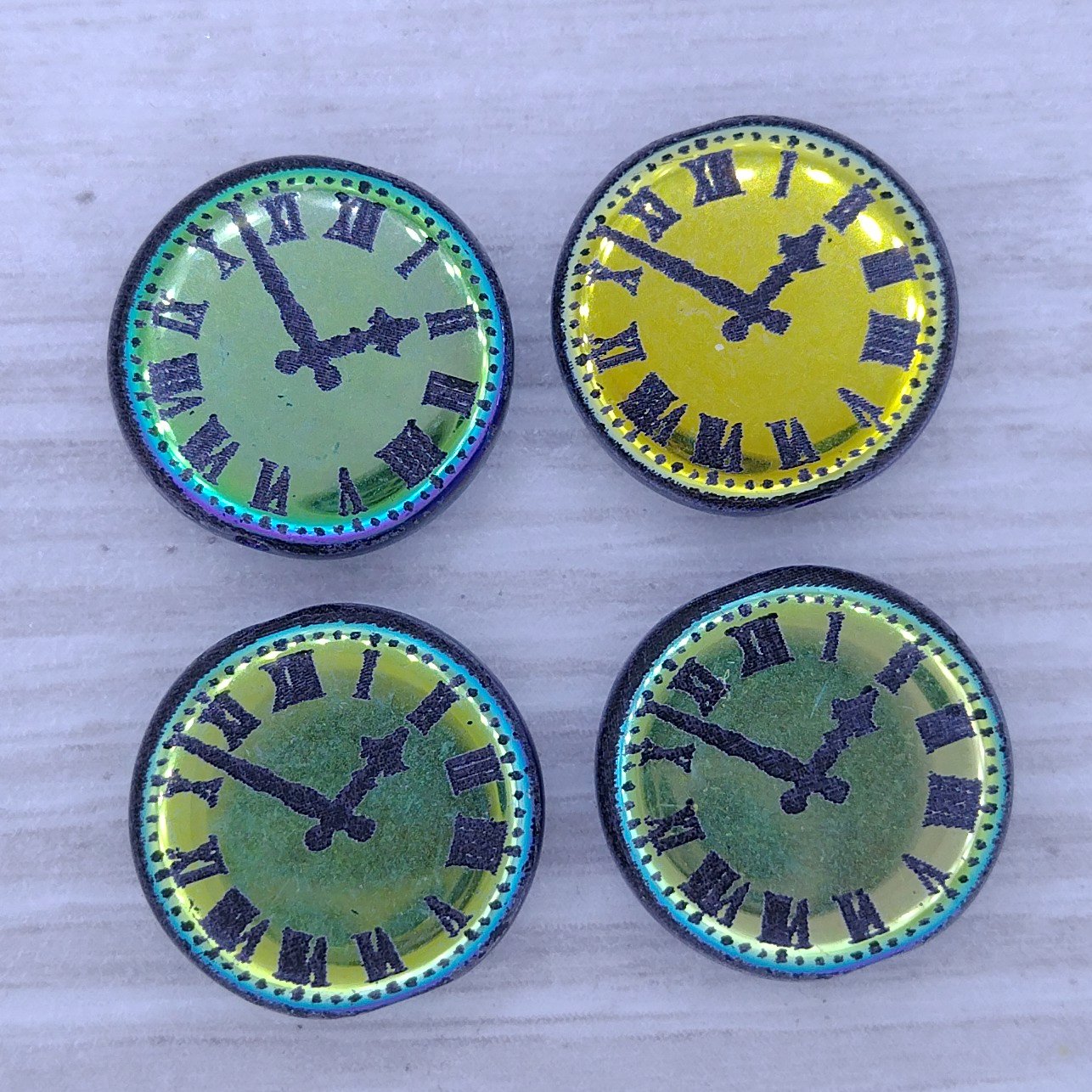 4 x 14mm disc beads in Black with laser etched Clock Face