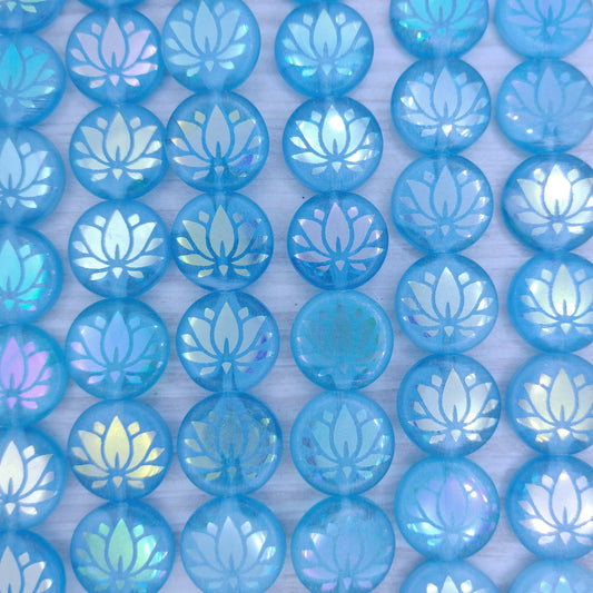 8 x 14mm disc beads in Milky Blue and Crystal with large laser etched Lily Pad