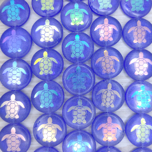 8 x 17mm disc beads in Dark Blue with laser etched Turtle