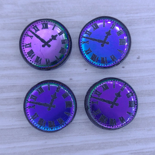 4 x 14mm disc beads in Black with laser etched Dark Clock Face