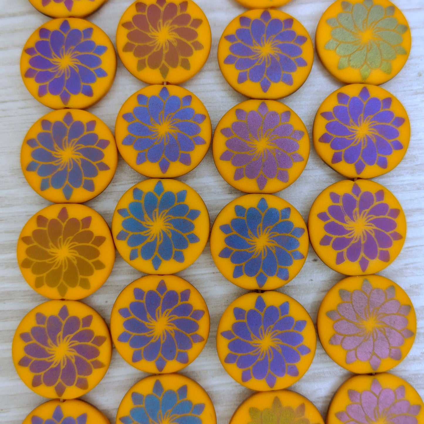 8 x 17mm disc beads in Matt Orange with Flower design