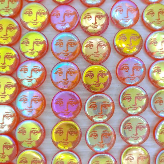 8 x 14mm disc beads in Orange with laser etched Man in the Moon