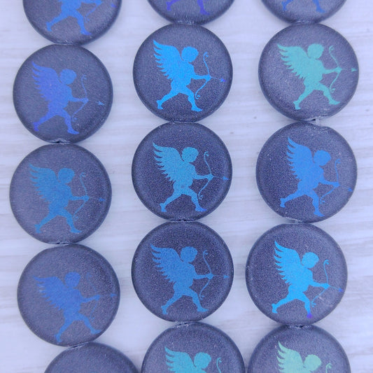 8 x 17mm disc beads in Matt Black with Cupid