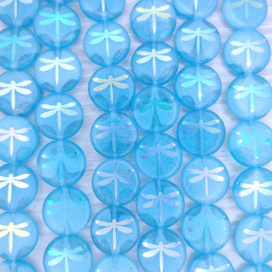 8 x 14mm discs in Milky Blue and crystal with laser etched Dragonfly