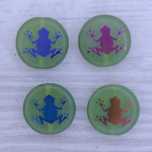 4 x 14mm disc beads in Green Opal with laser etched Frog
