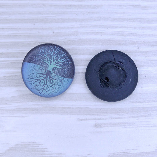 18mm glass button in Matt Black with Laser Etched Tree