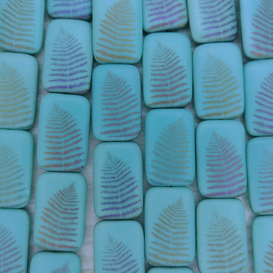 6 x Rectangular beads in Matt Green Turquoise with Fern design (18x12mm)