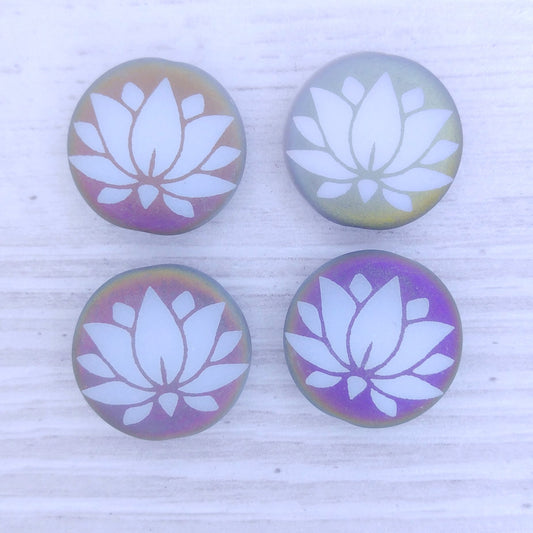 4 x 17mm disc beads in etched White with laser etched Water Lily