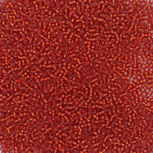 0010 - 25g Size 15/0 Miyuki seed beads in Silver lined Flame Red