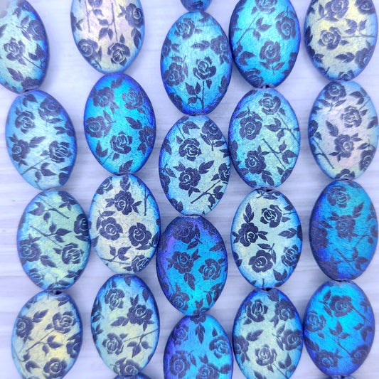 6 x puffed oval beads in etched Black with laser etched Flowers (18x13mm)