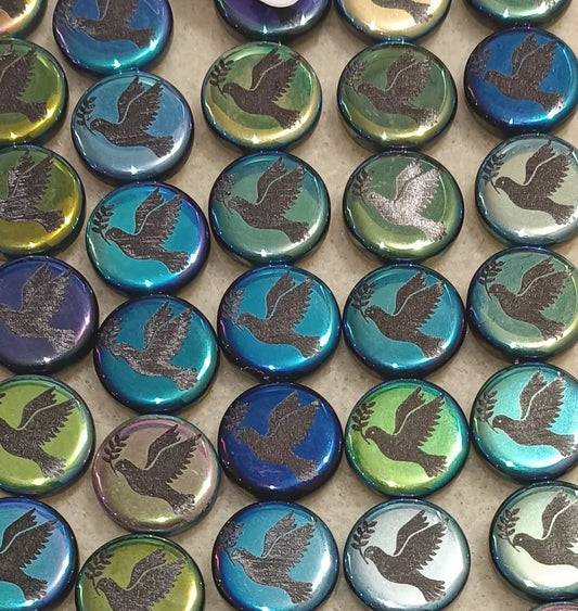 8 x 16mm disc beads in Black with Peace Dove
