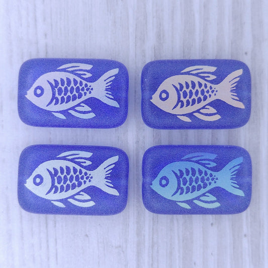 4 x Rectangular beads in Matt Dark Blue with Koi Carp (18x12mm)