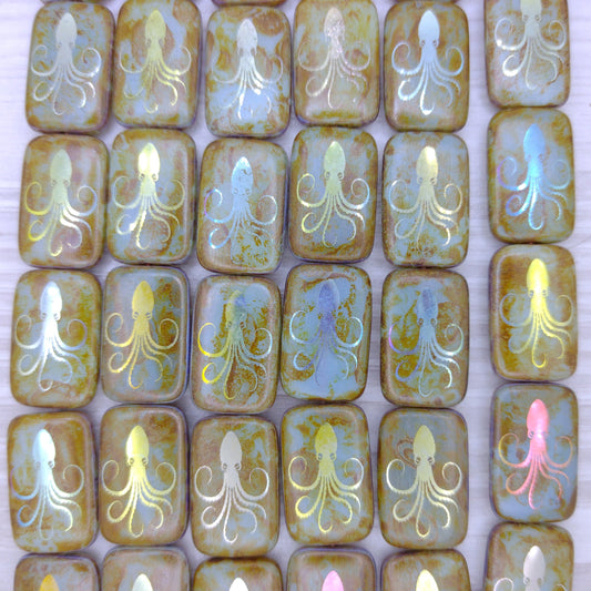 6 x rectangular beads in Aqua Picasso with laser etched Octopus (18x12mm)