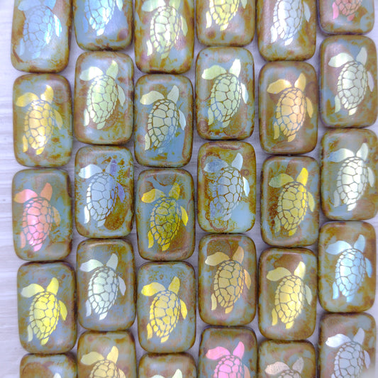 6 x rectangular beads in Aqua Picasso with laser etched Turtle (18x12mm)