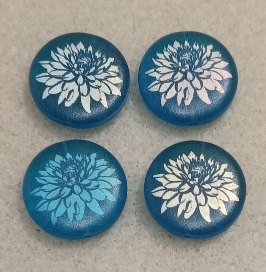 4 x 17mm disc beads in Matt Capri Blue with Dahlia