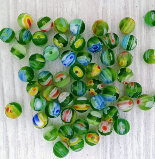 25 x 6mm round Millefiori beads in Green (2000s)