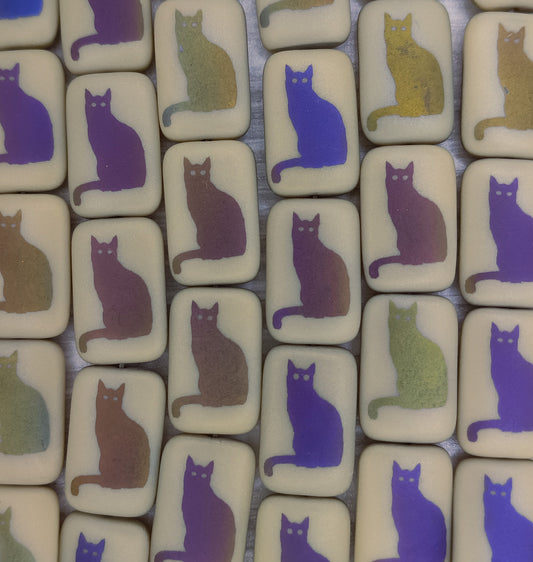 6 x Rectangular beads in Matt Ivory with cat design (18x12mm)