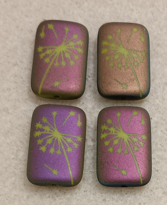 4 x Rectangular beads in Matt Green with dandelion design (18x12mm)