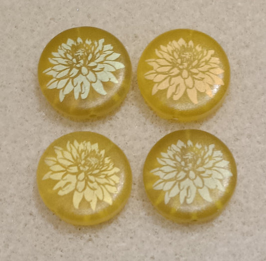 4 x 17mm disc beads in Matt Yellow with Dahlia