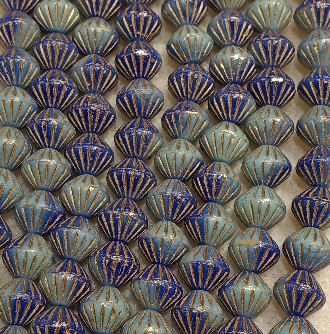 25 x 9mm Flutted bicones in Blue, Green and Gold