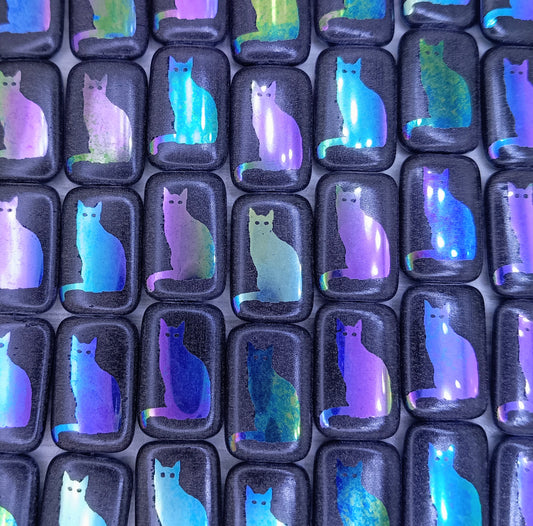 6 x Rectangular beads in Black with cat 2 design (18x12mm)