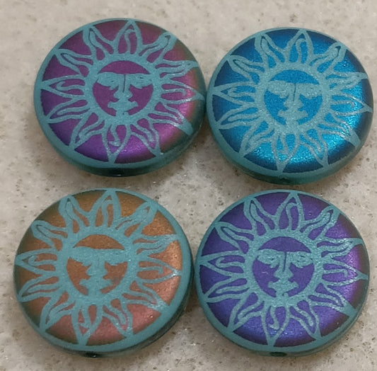 4 x 14mm disc beads in Matt Green Turquoise with laser etched face in sun