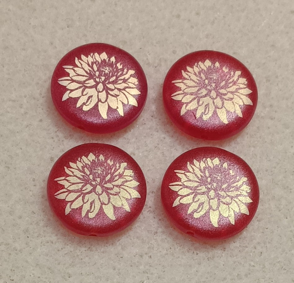 4 x 17mm disc beads in Matt Red with Dahlia