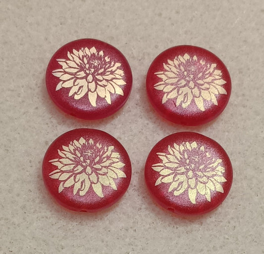4 x 17mm disc beads in Matt Red with Dahlia