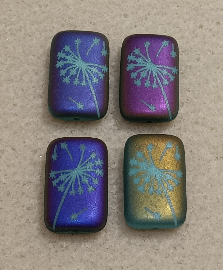 4 x Rectangular beads in Matt Green Turquoise with dandelion design (18x12mm)
