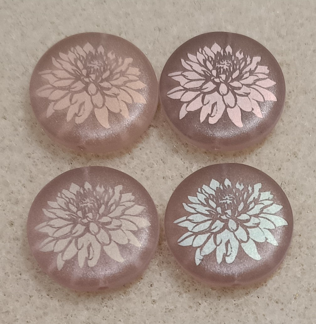 4 x 17mm disc beads in Matt Pink with Dahlia