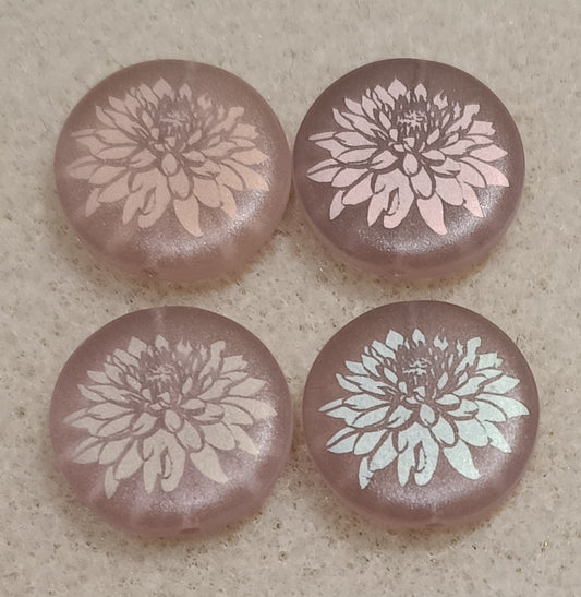 4 x 17mm disc beads in Matt Pink with Dahlia