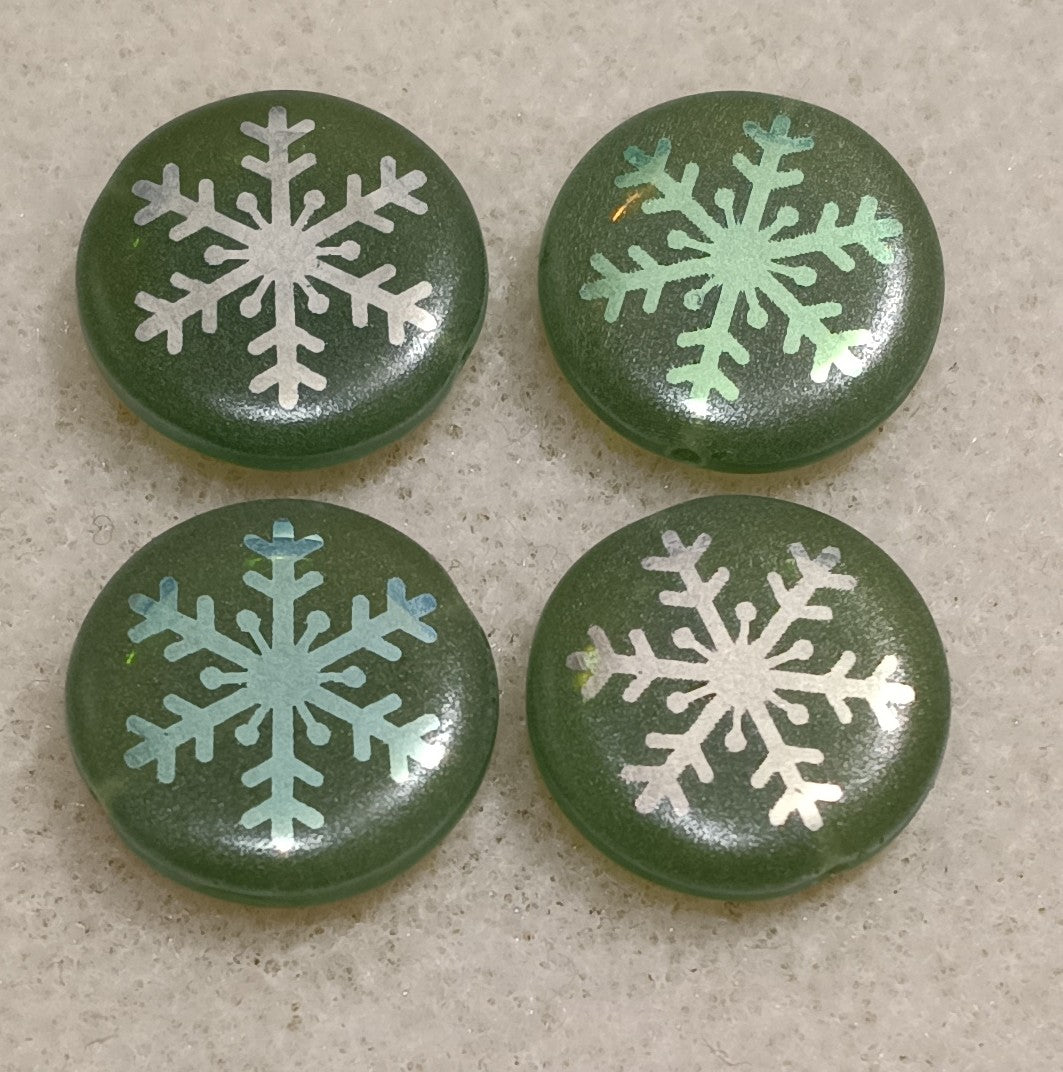 4 x 17mm disc beads in Green Opal with Snowflake design