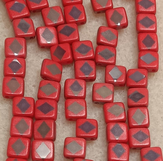 25 x 6mm Czech tiles in Light Red with Laser etched Chrome Diamond