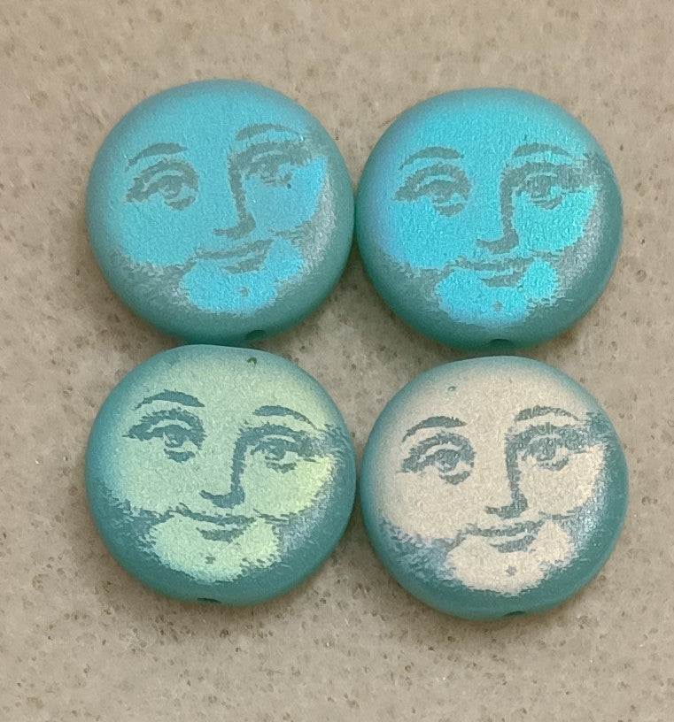 4 x 14mm disc beads in Matt Turquoise Green with laser etched Man in the Moon