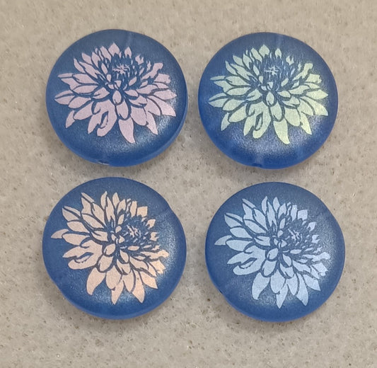 4 x 17mm disc beads in Matt Blue with Dahlia