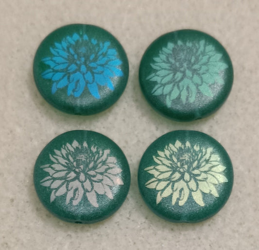 4 x 17mm disc beads in Matt Dark Green with Dahlia