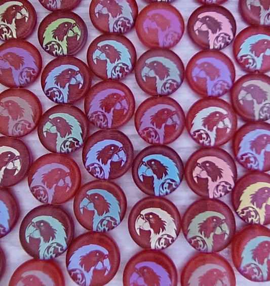 8 x 14mm disc in Matt Red with laser etched Parrot