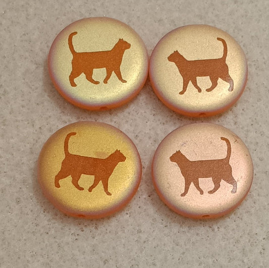 4 x 17mm disc beads in Matt Orange with walking cat