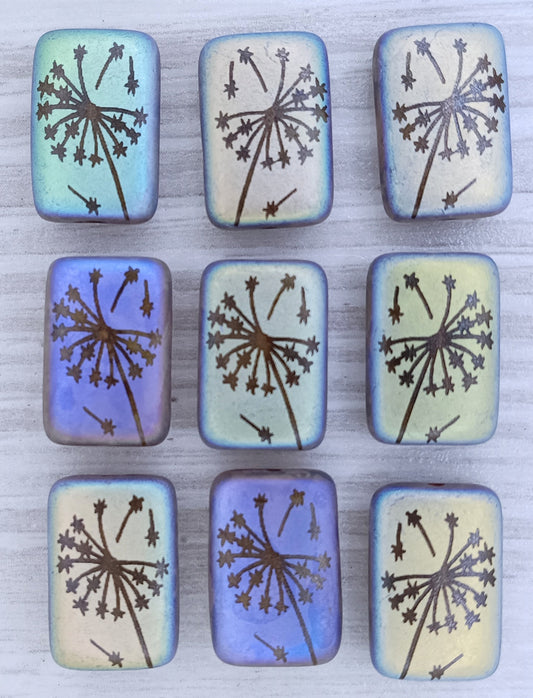 4 x Rectangular beads in Brown with Dandelion (15x10mm)