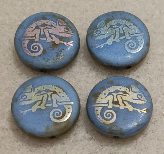 4 x 16mm disc beads in Blue Opal Picasso with laser etched Chameleon