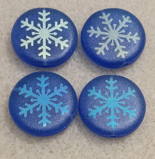 4 x 17mm disc beads in Dark Blue with Snowflake design