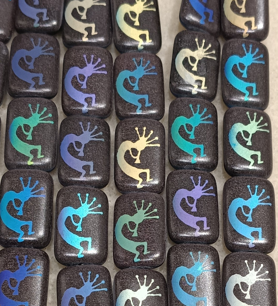 6 x Rectangular beads in Matt Black with Kokopelli (18x12mm)
