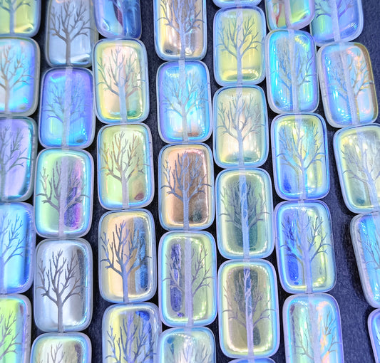 6 x rectangular beads in Crystal with laser etched tree (18x12mm)