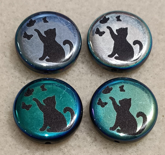 4 x 16mm disc beads in Black with laser etched Cat and Butterflies