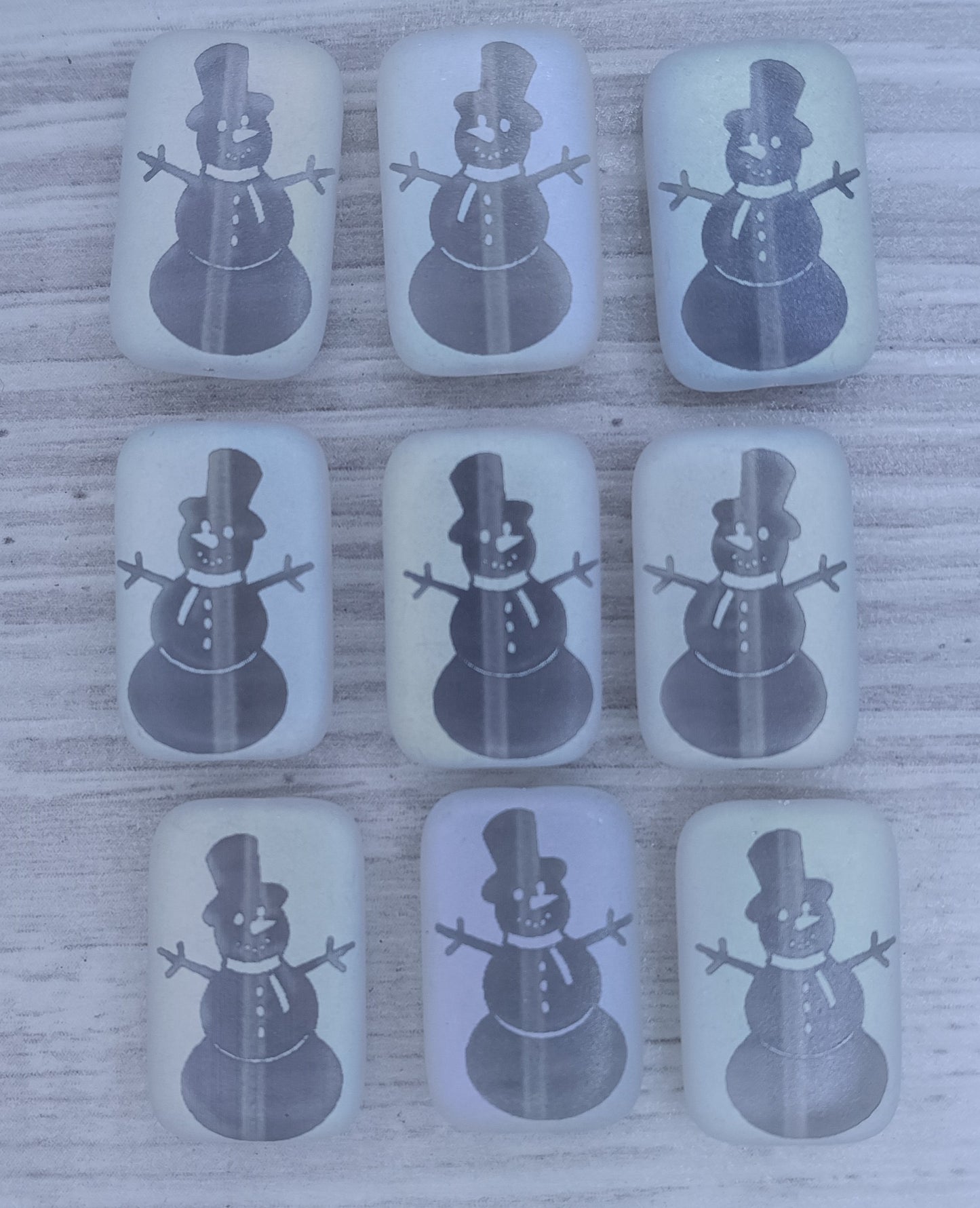 4 x Rectangular beads in Matt Crystal with Snowman (18x12mm)